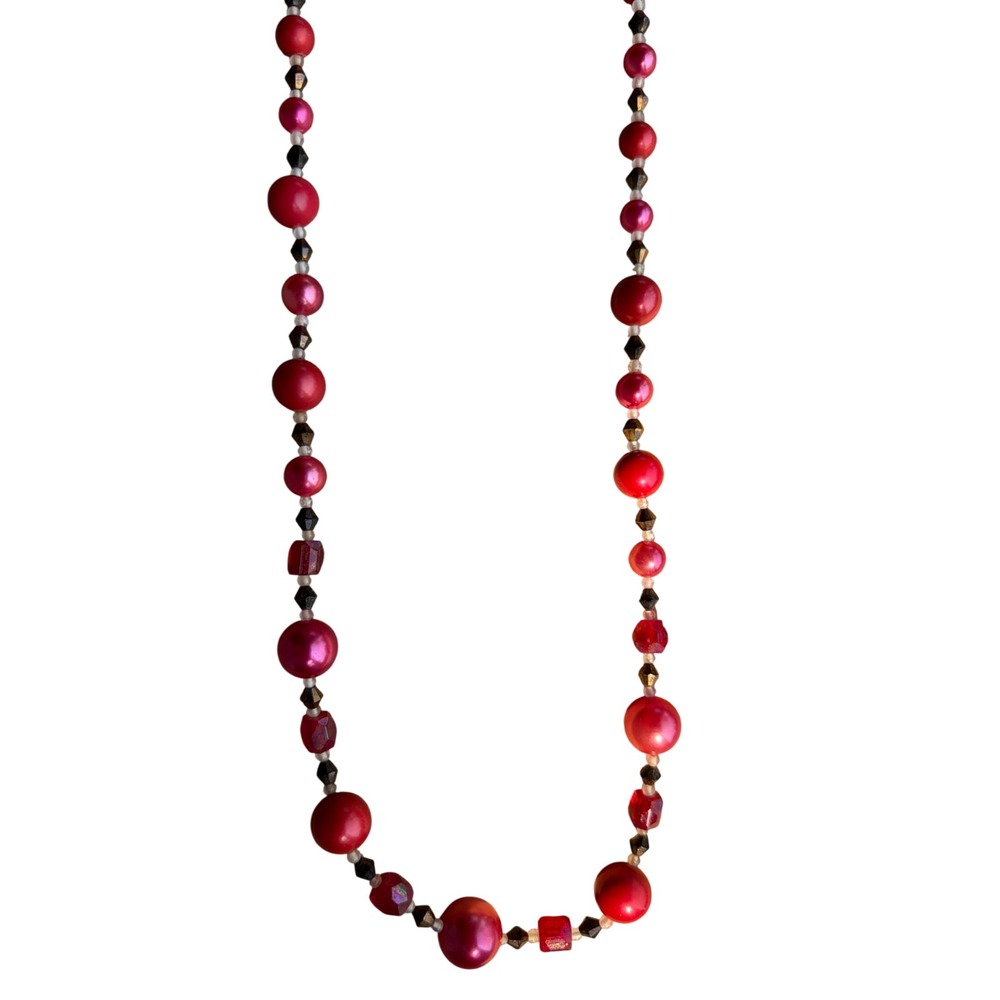 Vintage‎ Red Pink Faux Pearl Faceted Glass Beaded Long Opera Necklace Layering